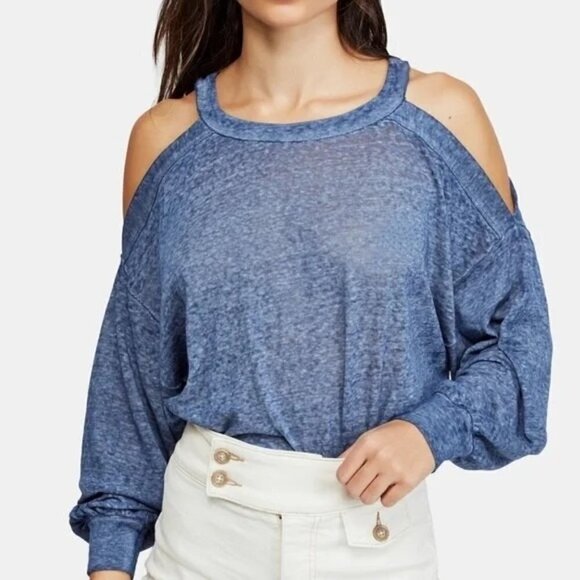 Free People Chill Out Cold Shoulder Boho Burn Out Top Small Blue OB984394 - Picture 1 of 6